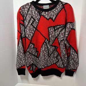 Vintage 90s‎ ADELE Knitwear Women's Geometric Pattern Sweater Red Black White